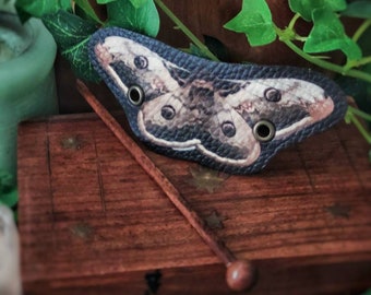 Emperor Moth Hair Barrette in Vegan Leather Autumn design whimsical accessory head piece woodland cottagecore