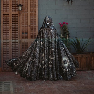 Black Stars & Moon cloak in velvet Celestial Fashion polyester cape with hood  dark fantasy witch wizard costume back to black