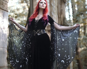 Black Velvet Witch Dress: Celestial Stars, Long Chiffon Sleeves