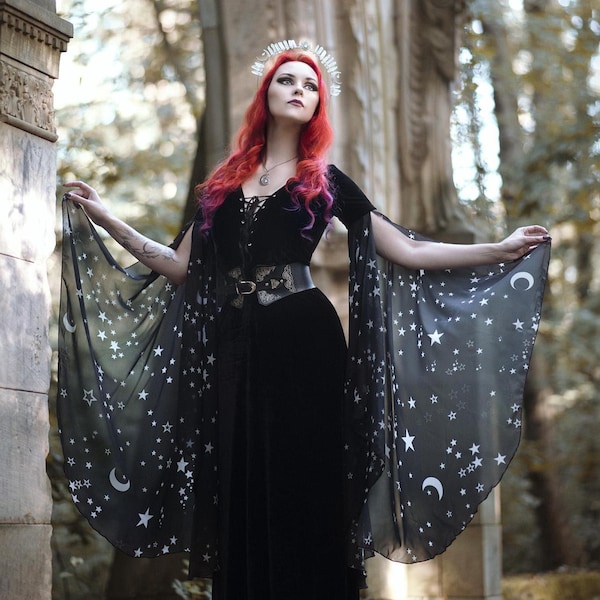 Black Velvet Witch Dress: Celestial Stars, Long Chiffon Sleeves