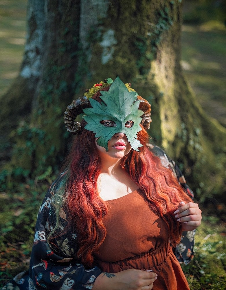 Leather Mask Druid Leaf Maple autumn natural wiccan masquerade  Green Man