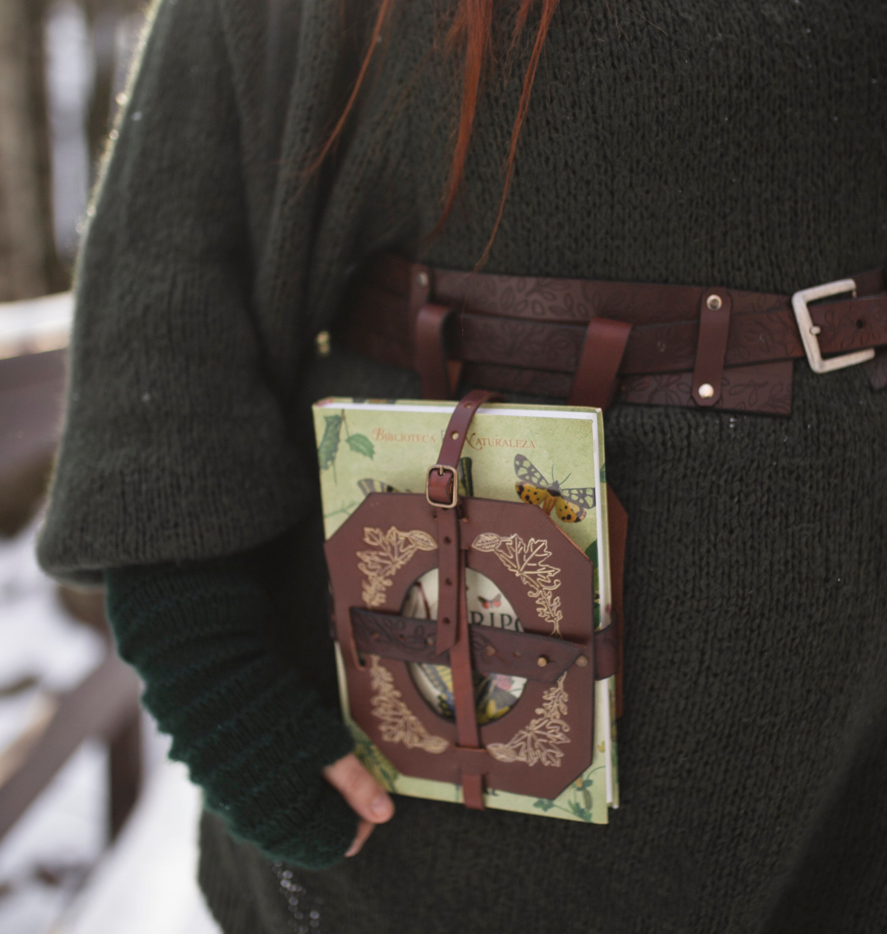 Book Holder - larp leather book bag -  book lover gift - waist book Holster - Book of shadows - spell book - witchcraft gold brown