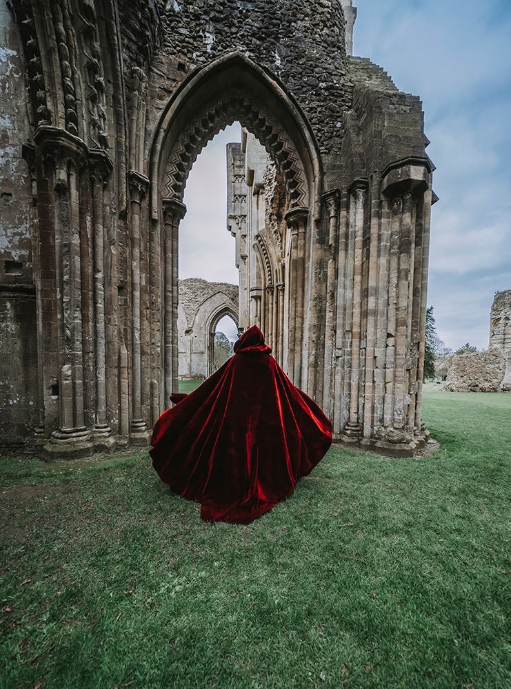 Red Velvet Cape Hooded Cloak Riding Hood cloak with train very long
