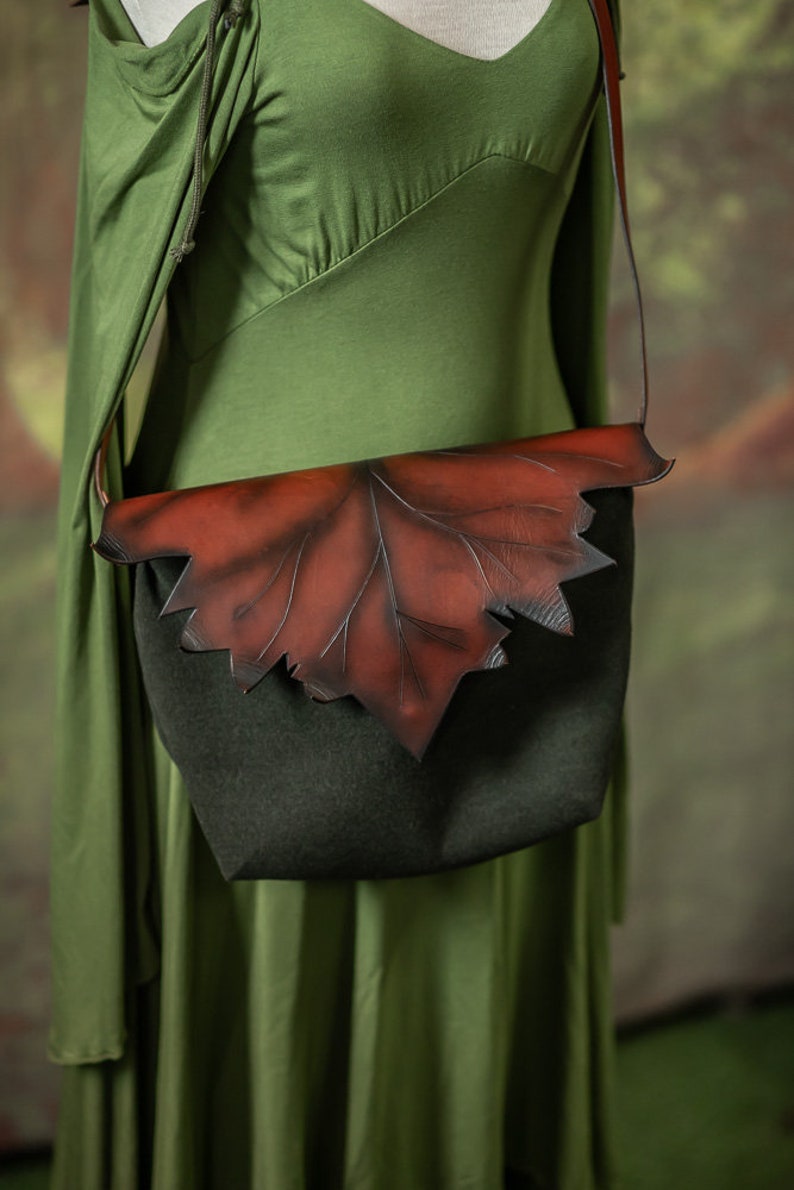 Elven leaf bag fabric and leather Autumn nature cottagecore fall form black and brown Druid witch inspired handbag shoulder bag image 6