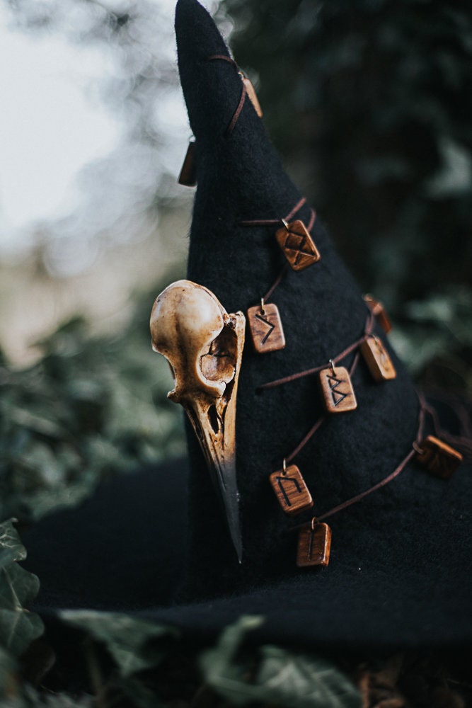 Hand-Crafted Witch’s Hat with Raven, Real Feathers and Scarf Raven Black Felt Witch Hat: Bird Skull Bow, Slanted Brim  main image 4
