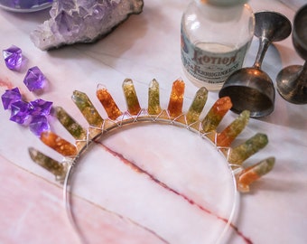 Crystal Moss Resin Crown Tiara - Green Moss Magical Headpiece with pressed flowers clear resin crystals and moon