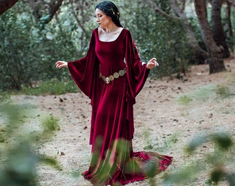 Robe médiévale bordeaux en velours rouge préraphaélite ren costume elfique celtique robe médiévale en velours