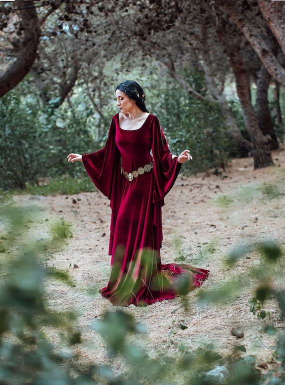 Burgundy Medieval Dress Red Velvet Preraphaelite Ren Fair Elven Costume  Celtic Medieval Velvet Dress 