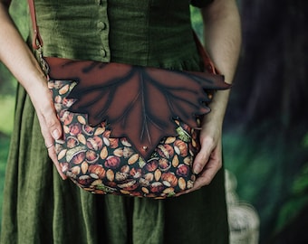 Elven leaf bag Chestnuts fabric and leather Autumn nature cottagecore fall form black and brown Druid witch inspired handbag shoulder bag