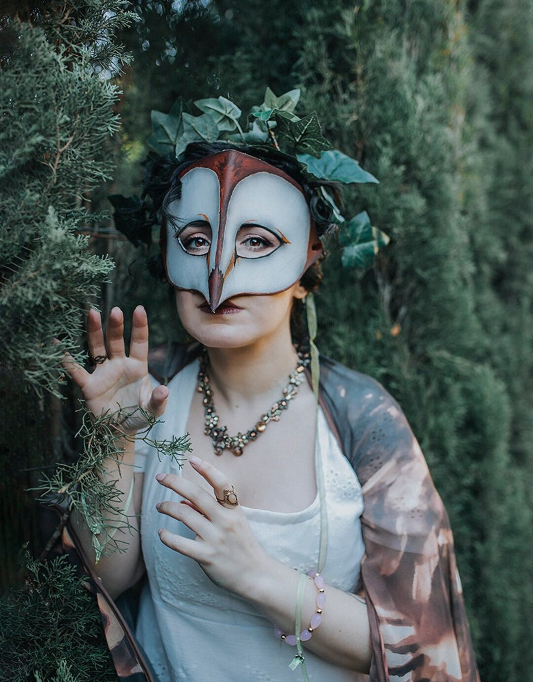 Barn Owl Leather Mask Fairy Leaf Maple Autumn Natural Wiccan Masquerade