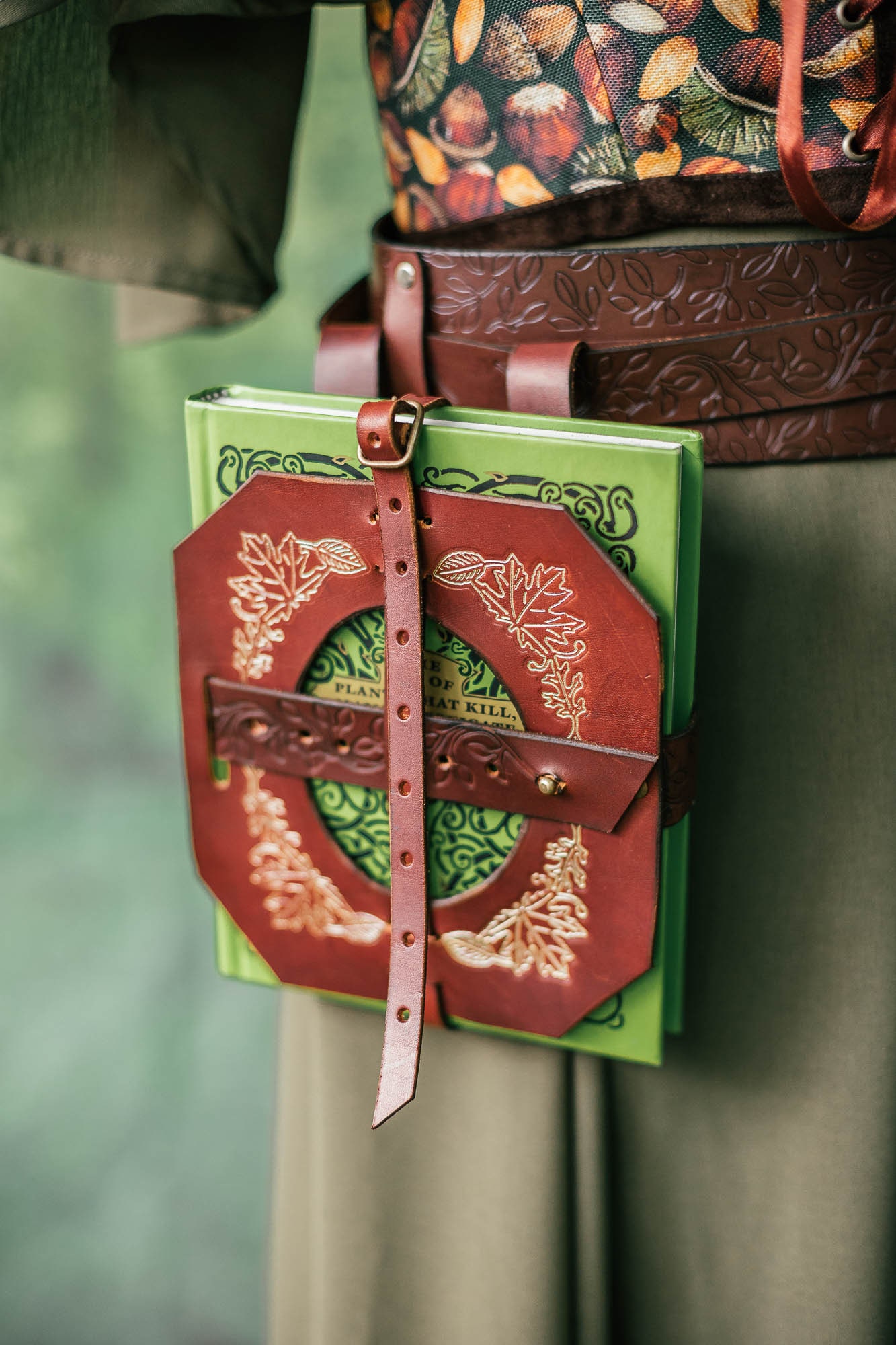 Book Holder - larp leather book bag -  book lover gift - waist book Holster - Book of shadows - spell book - witchcraft gold brown
