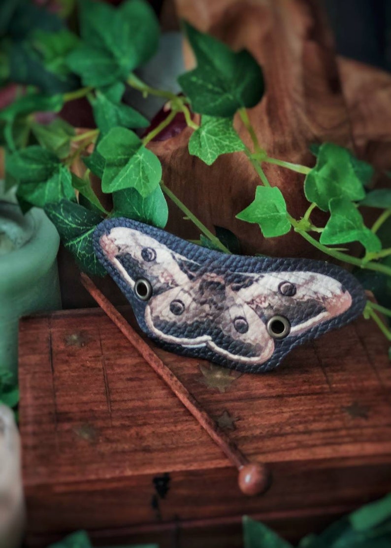 Emperor Moth Hair Barrette in Vegan Leather Autumn design whimsical accessory head piece woodland cottagecore image 1