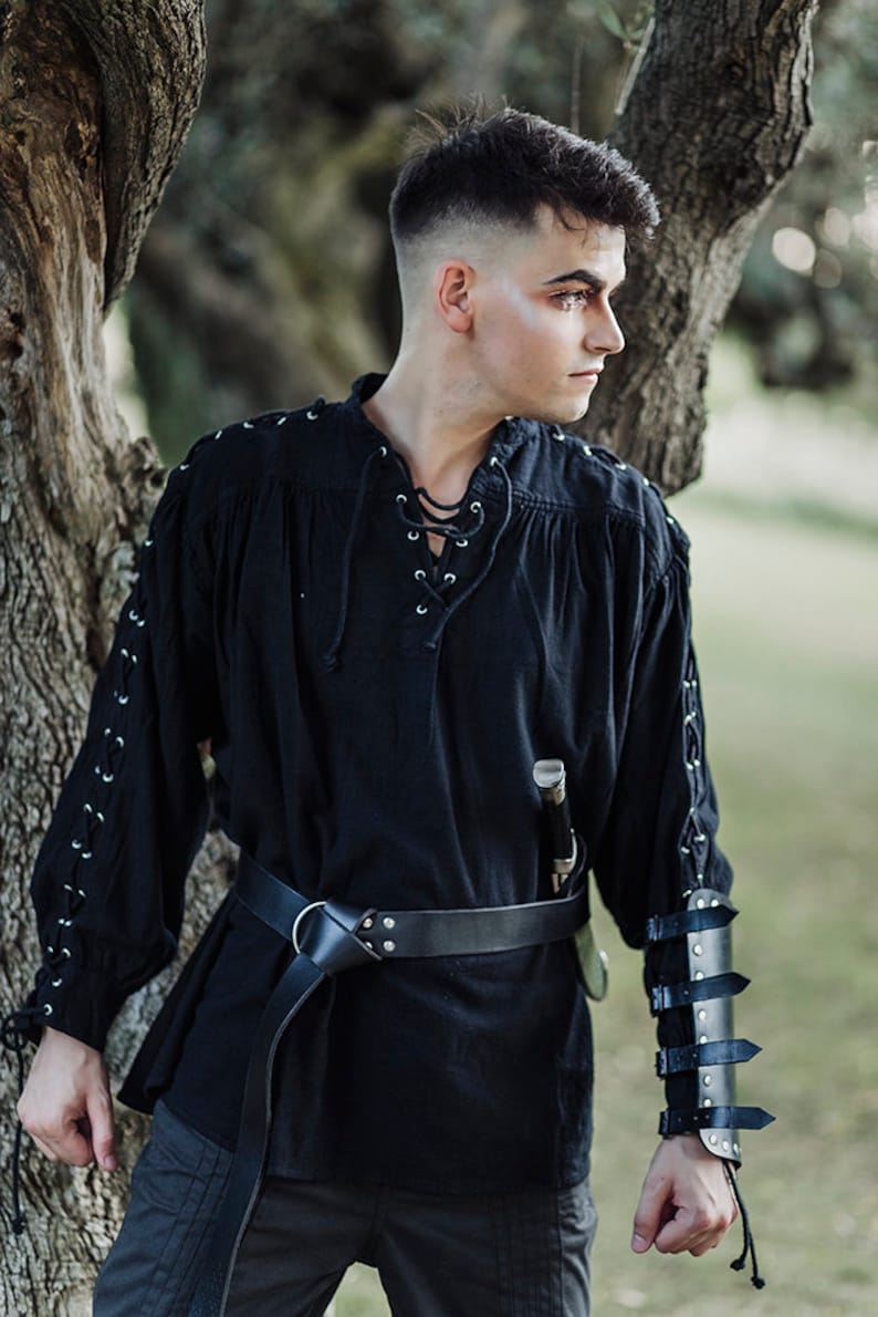 Steampunk Renaissance Fantasy Medieval Renaissance Costume Cosplay larp Men shirt Pirate black Cotton Shirt