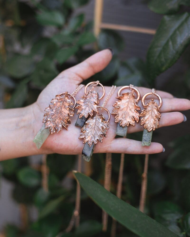 Oak Leaf and Prehnita Crystal necklace Electroformed Copper  necklace pendant raw crystal point quartz form in green