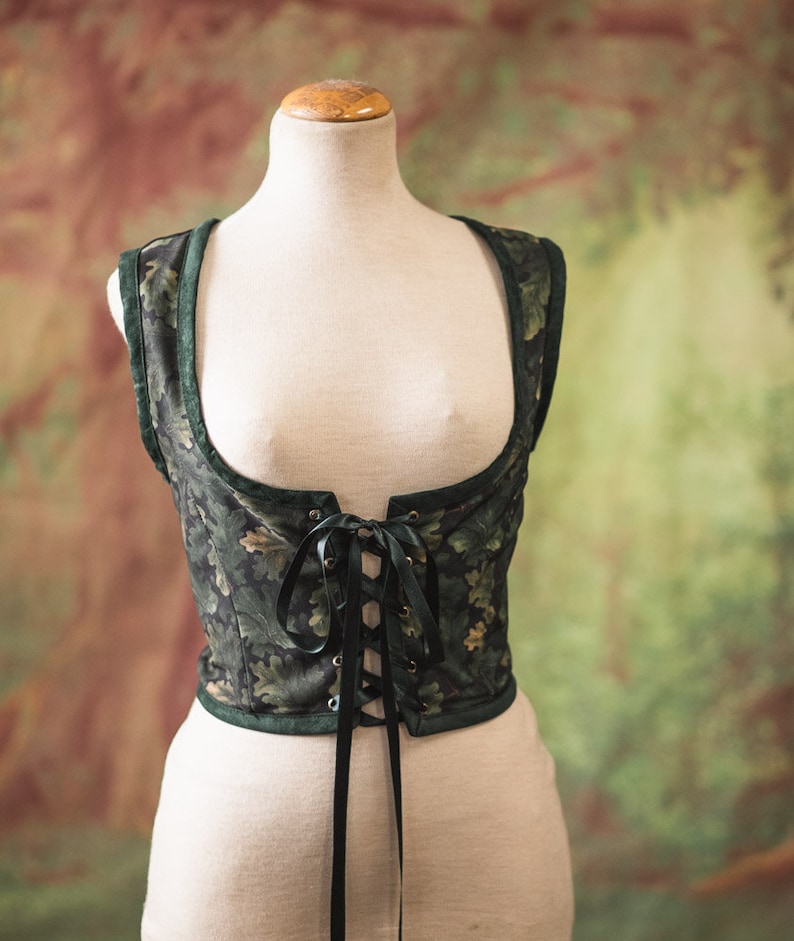 Renaissance bodice, Oak leaves cottagecore style corset vest, Druid dnd Wench regency steampunk imagem 1