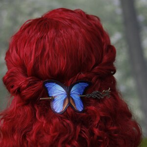 Blue Butterfly Hair Barrette in Vegan Leather blue morpho Autumn whimsical accessory head piece woodland cottagecore image 8