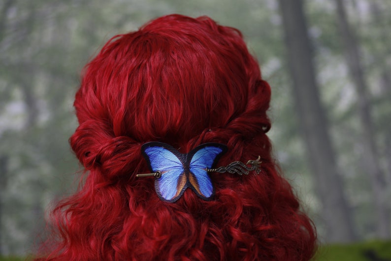 Blue Butterfly Hair Barrette in Vegan Leather blue morpho Autumn whimsical accessory head piece woodland cottagecore image 8