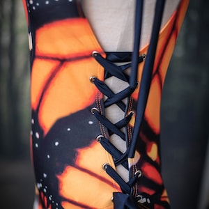 One Piece Swimsuit Beach Outfit Laced like a corset adjustable Monarch butterfly image 6