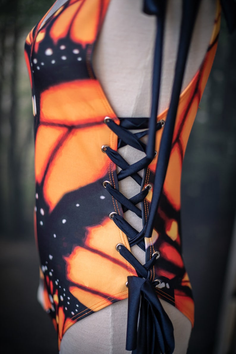 One Piece Swimsuit Beach Outfit Laced like a corset adjustable Monarch butterfly image 6