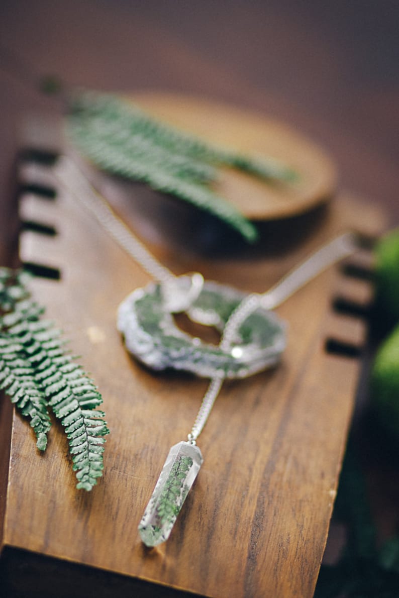 Fern necklace resin necklace Geode slice resin pendant crystal point im green pressed flower jewelry image 6