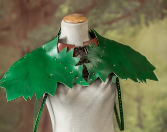 Elven leather Gorget Green Leaf armor shoulders inspired armor historical scottish fairycore goblincore woodland