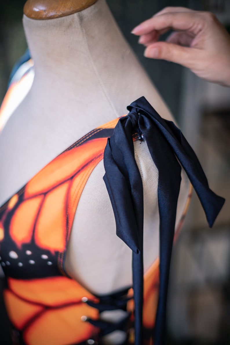 One Piece Swimsuit Beach Outfit Laced like a corset adjustable Monarch butterfly image 7