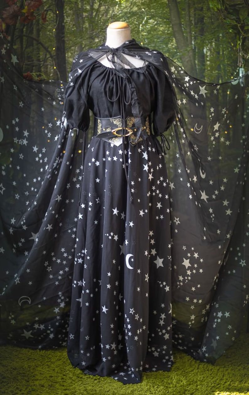 Stars & Moons Print Maxi Skirt Whimsigoth , Long Skirt Fairy Fantasy, Dark, Celestial Fashion Gothic, Black, stars, costume dance boho image 10