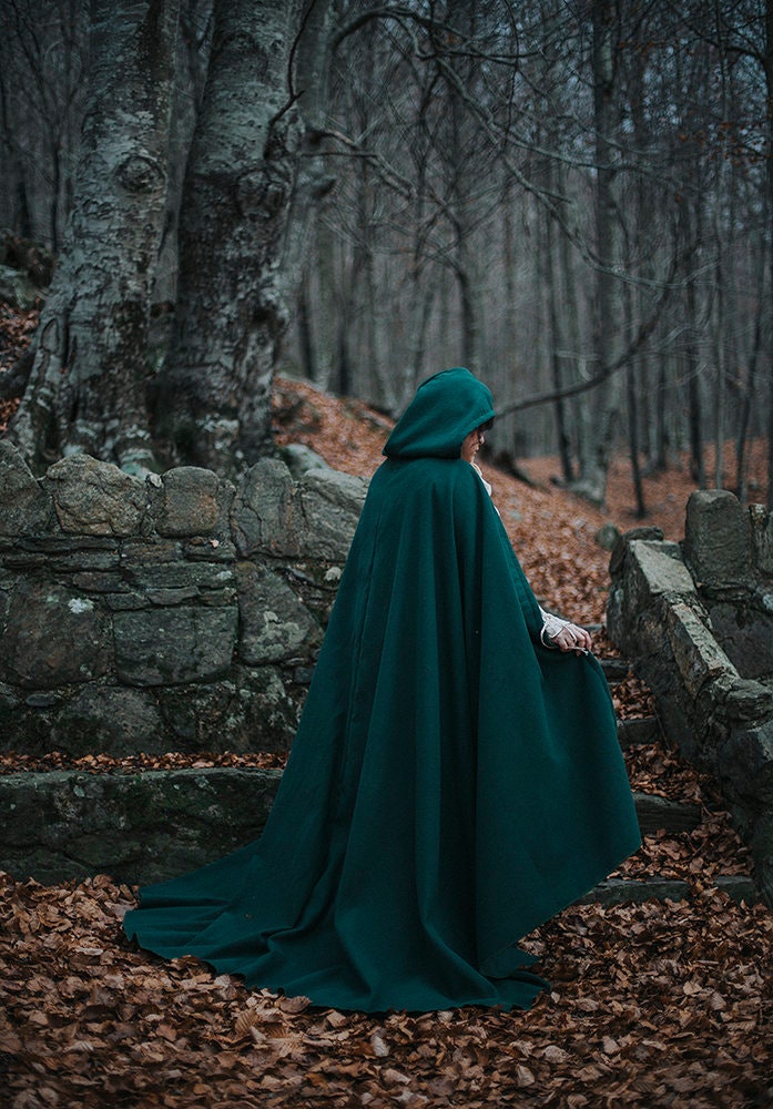 グリーン ヴィーガン ウール ドルイド ケープ フード付き マント