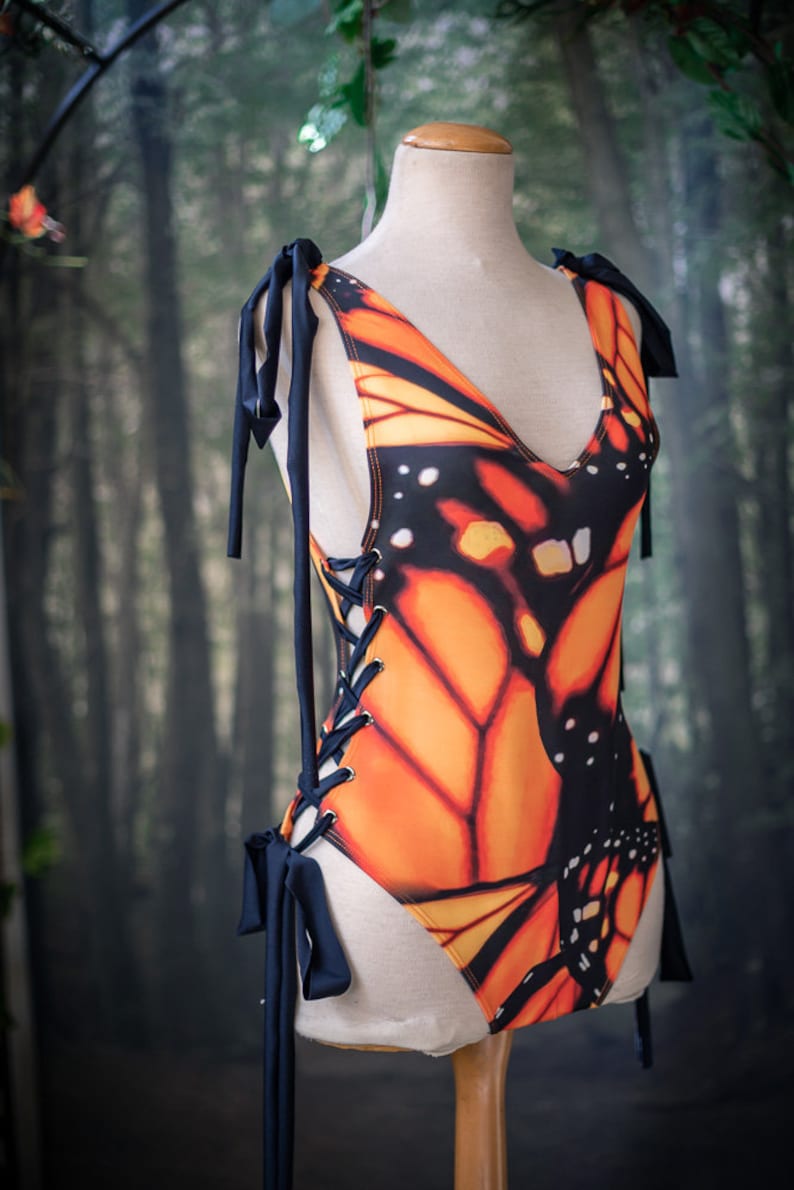 One Piece Swimsuit Beach Outfit Laced like a corset adjustable Monarch butterfly image 2