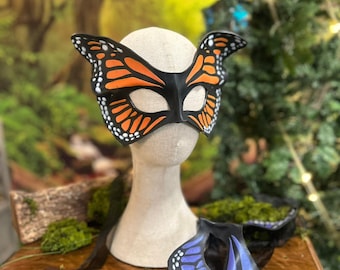 Monarch Butterfly Leather Mask, Fantasy Mask, Handmade Cosplay Mask, Masquerade Mask, Fairy Festival Costume, Renaissance LARP Accessory
