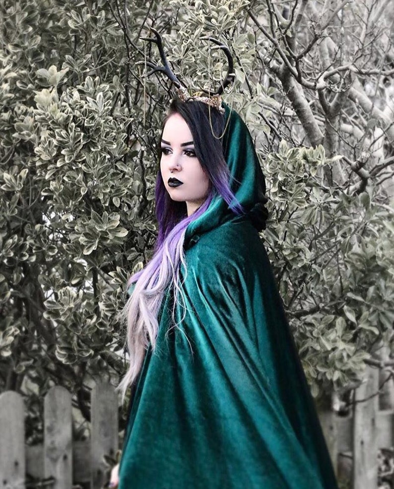 Velvet cape green hooded cloak, medieval elven fantasy costume cape with hood image 10