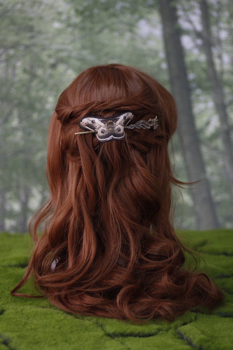 Emperor Moth Hair Barrette in Vegan Leather Autumn design whimsical accessory head piece woodland cottagecore image 4