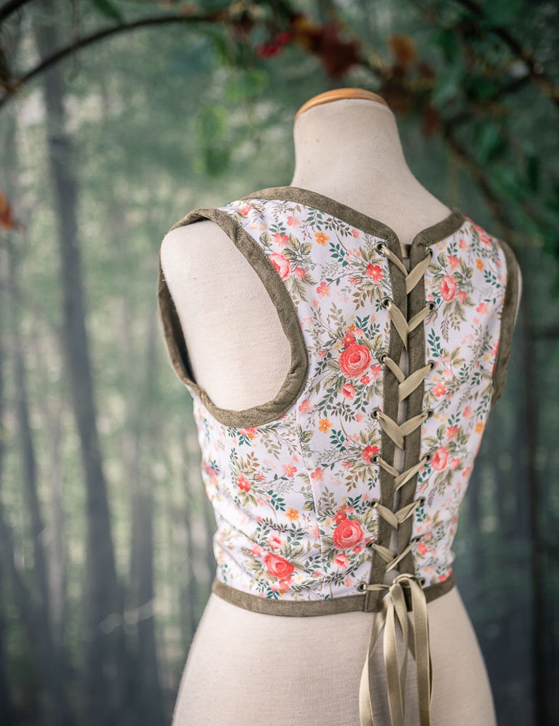 Hobbit bodice, Renaissance corset flowers cottagecore style corset vest, Wench regency steampunk image 4