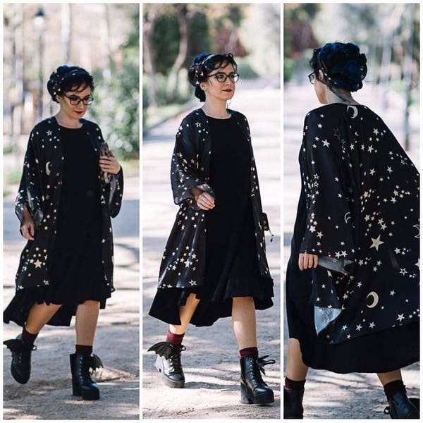 Kimono Stars Robe Sylky Clothing Whimsigoth Celestial Fashion cover up Bohemian Summer boho jacket gift for teacher dark academia witch