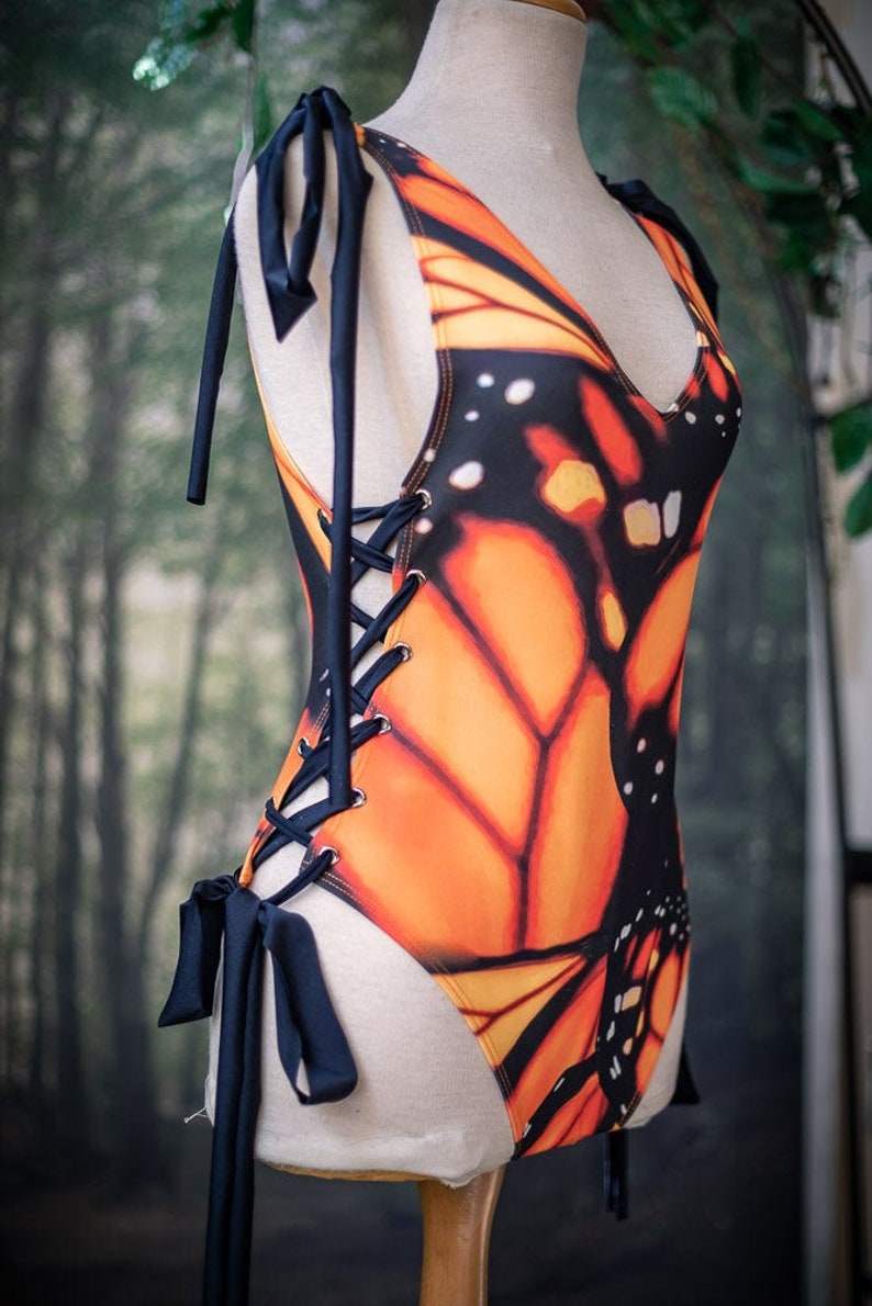 One Piece Swimsuit Beach Outfit Laced like a corset adjustable Monarch butterfly image 3