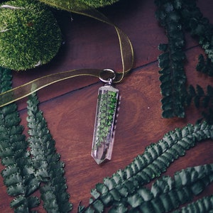 Fern necklace resin necklace pendant raw crystal point quartz form im green pressed flower jewelry image 5