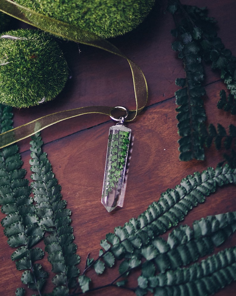 Fern necklace resin necklace pendant raw crystal point quartz form im green pressed flower jewelry image 5