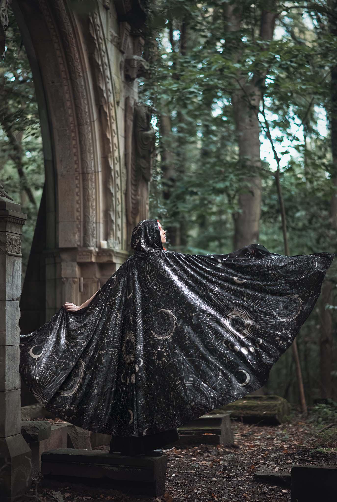 Velvet Celestial Cloak: Stars & Moon, Hooded Fantasy Cape