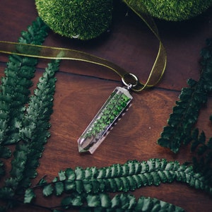 Fern necklace resin necklace pendant raw crystal point quartz form im green pressed flower jewelry image 4