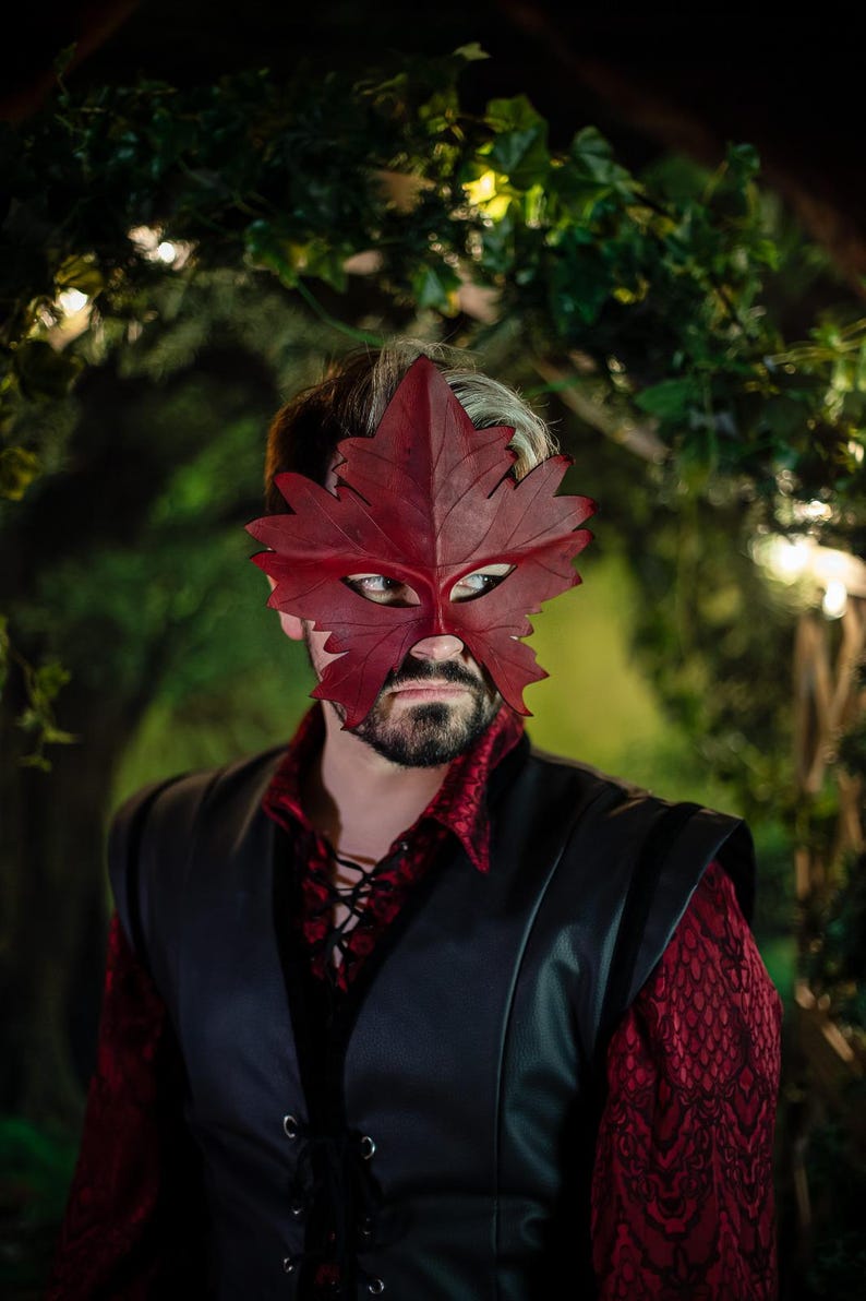 Máscara de cuero Druida Hoja Arce otoño natural wiccan mascarada Hombre Verde Rojo