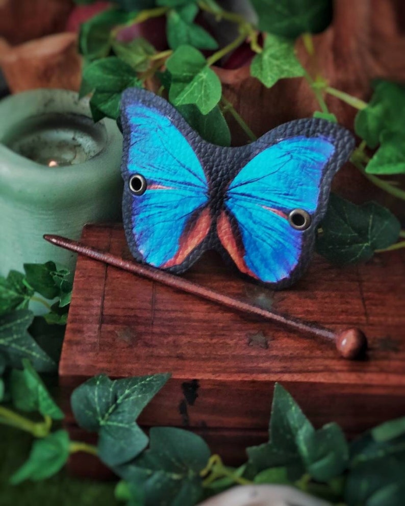 Blue Butterfly Hair Barrette in Vegan Leather blue morpho Autumn whimsical accessory head piece woodland cottagecore image 1
