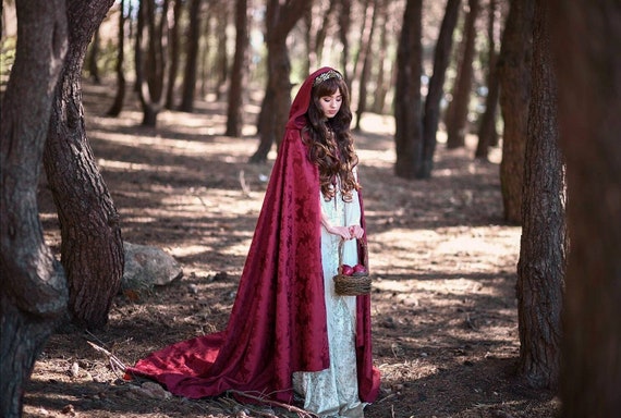 Bridal red cloak burgundy damasc with hood long hooded cape