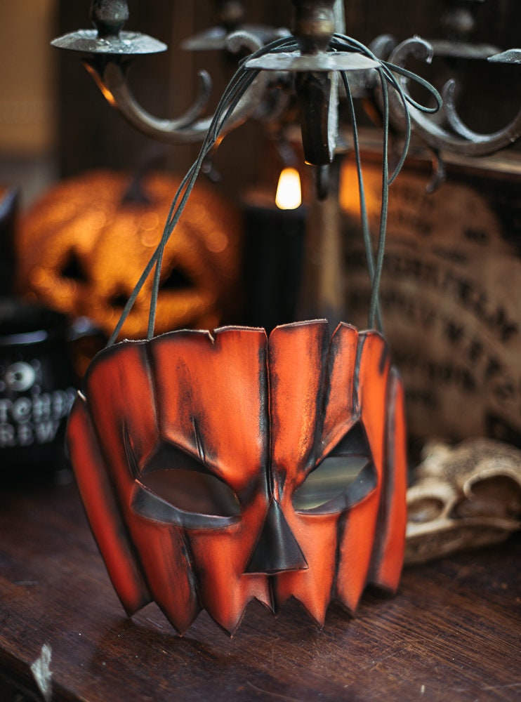 Jack O Lantern Pumpkin Leather Mask Halloween Autumn Harvest Natural Wiccan Masquerade Creepy