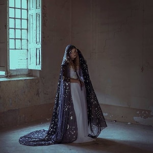 Black Stars & Moon cloak in vegan silk chiffon Celestial Fashion polyester cape with hood dark fantasy witch wizard costume back to black image 5