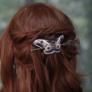 Emperor Moth Hair Barrette in Vegan Leather Autumn design whimsical accessory head piece woodland cottagecore image 2
