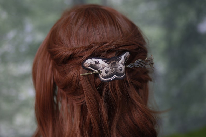 Emperor Moth Hair Barrette in Vegan Leather Autumn design whimsical accessory head piece woodland cottagecore image 2