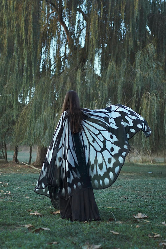 Butterfly wings cape fairycore costume shawl chiffon nymph black and white butterfly