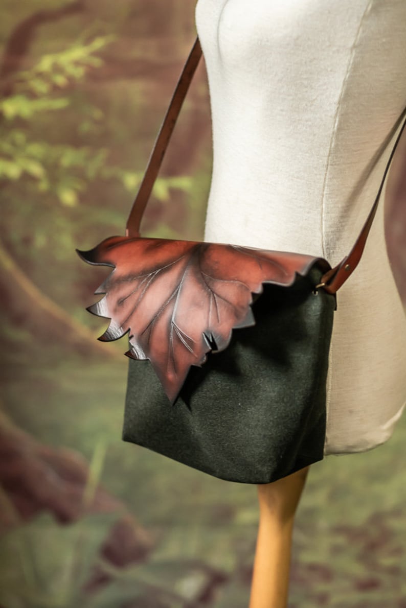 Elven leaf bag fabric and leather Autumn nature cottagecore fall form black and brown Druid witch inspired handbag shoulder bag image 5