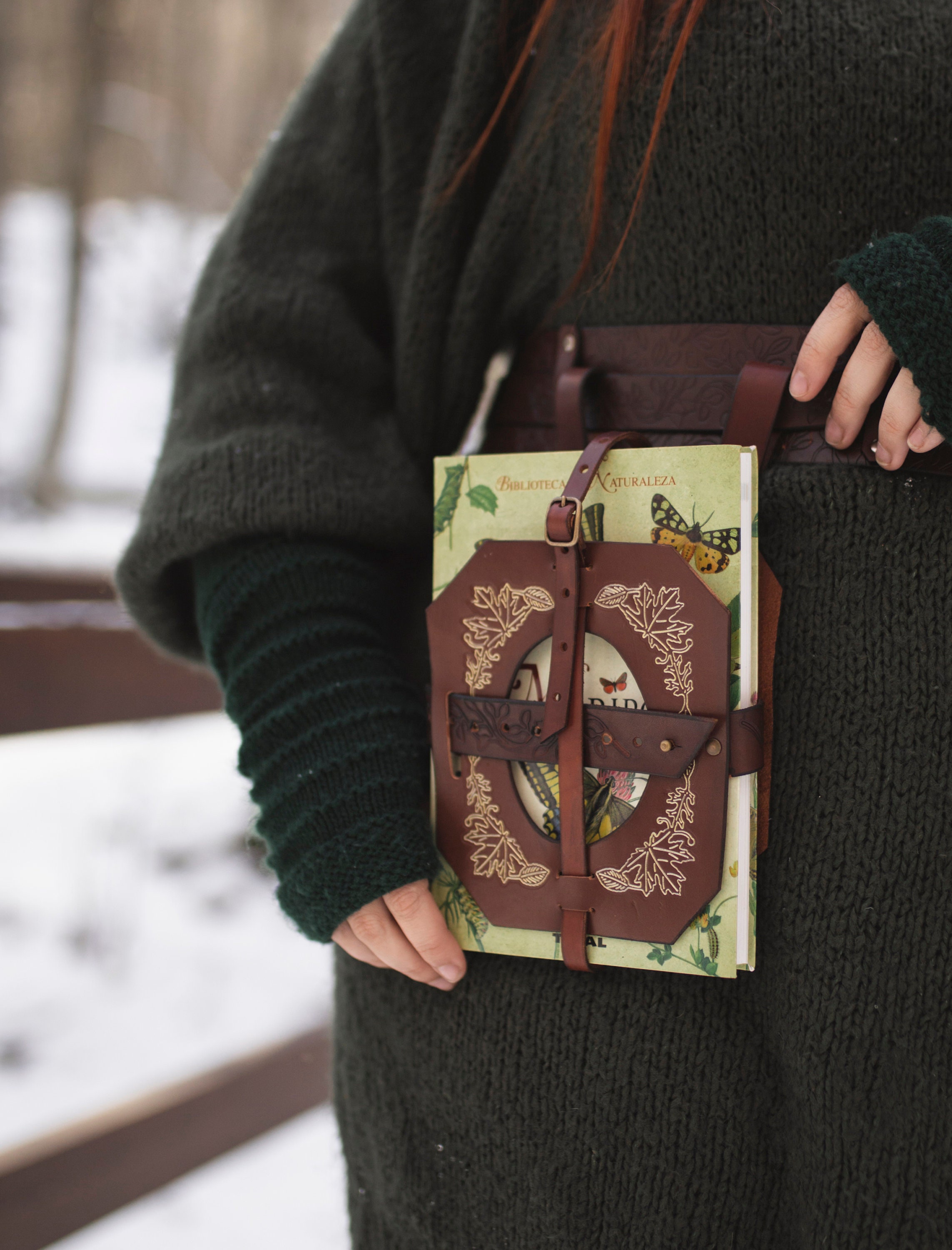 Book Holder - larp leather book bag -  book lover gift - waist book Holster - Book of shadows - spell book - witchcraft gold brown