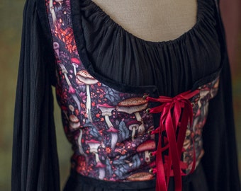 Korset met paddenstoelen: donker cottagecore renaissancistisch lijfje corsetvest, wench regentschap Cottage Witch